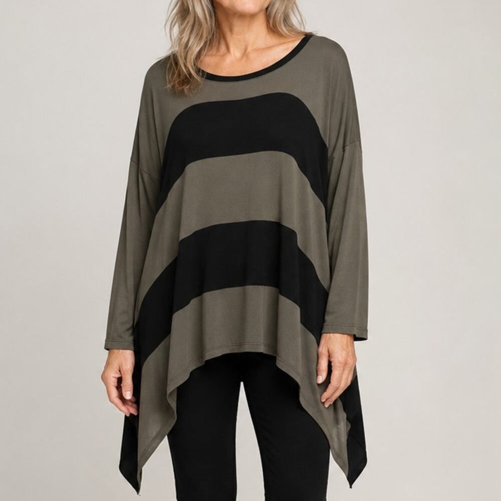 IC by Connie K Asymmetrical Colorblock Tunic Top Medium Olive Black Modern Artsy